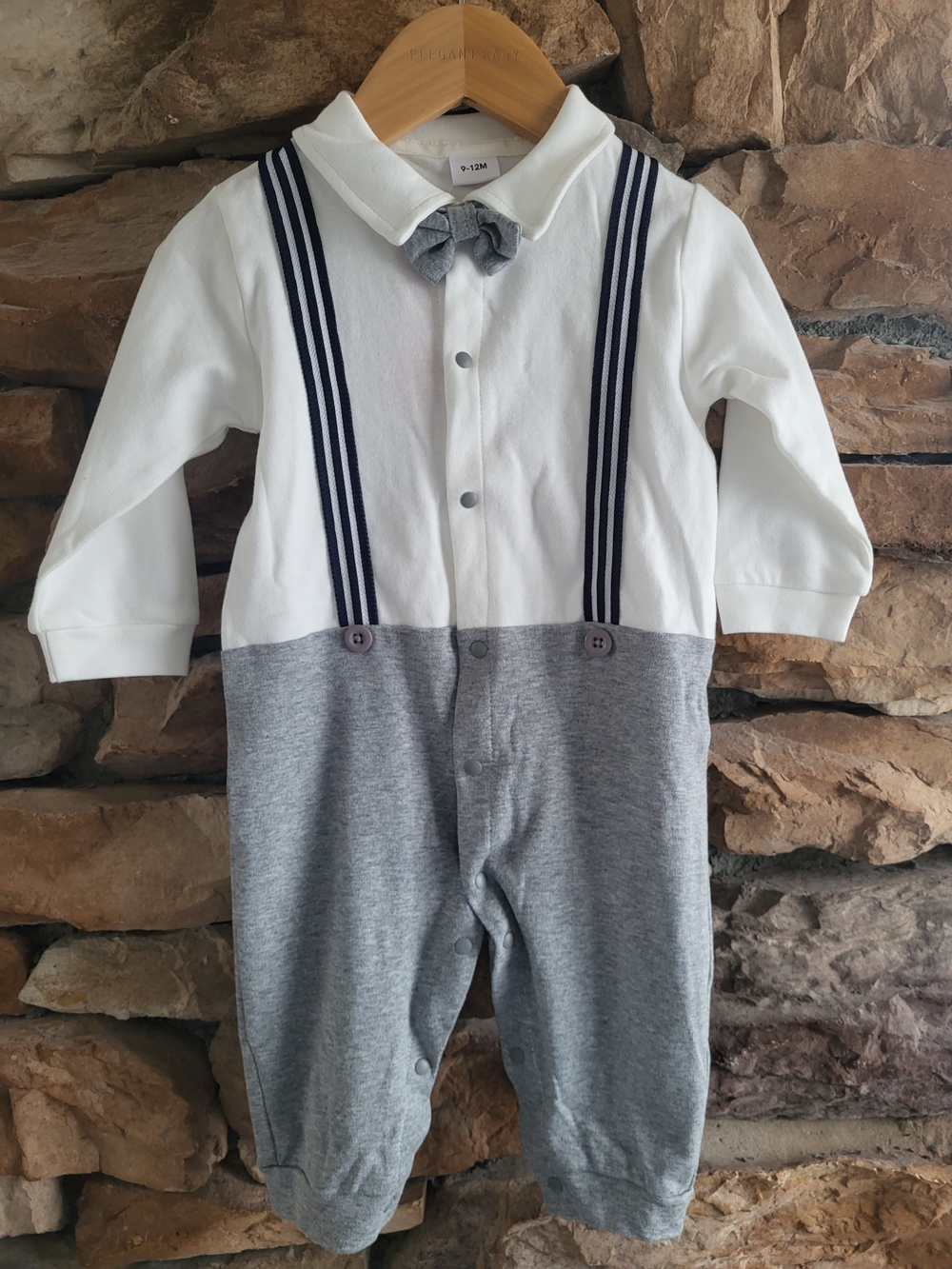 PatPat Baby Boy Dressy One Piece With Bow Tie And Suspenders 9-12m NWT